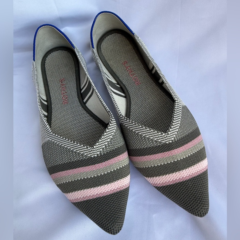Rothy’s The Point – Inverse Stripe Gray Pink | Size 9.5 | Rare Retired Colorway